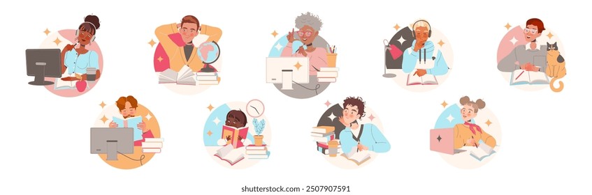 Learning People Character Sitting at Desk with Book and Computer Studying and Gaining Knowledge Vector Set