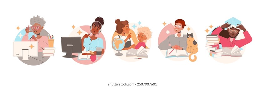 Personas de aprendizaje Personaje sentado en el escritorio con el libro y la computadora que estudian y ganan conocimiento Vector Set