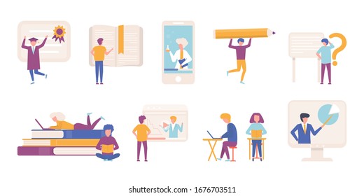 Learning people, education graduation studying men women set vector illustration. Isolated collection set. Different students with textbooks, laptops, watching internet educated video lessons, read.
