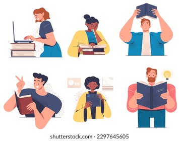 Learning people set. Guys and girls with books preparing for examination. Students do homework. Education and study. Reading and love of literature. Cartoon flat vector illustrations isolated on white