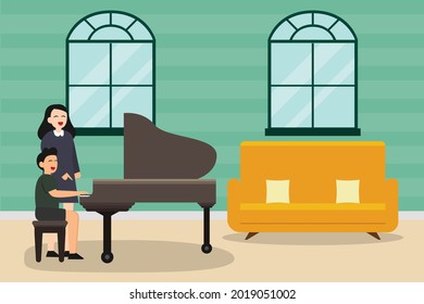 Aprendiendo el concepto del vector del piano: Niñito aprendiendo piano con su profesora en casa mientras se sienta en la silla