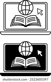 Learning Platform Icons. Black and White Vector Icons. Laptop, Open Book, and World Wide Web. Distance Learning, Online School, E-Learning. Online Education Concept