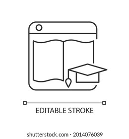 Learning platforms linear icon. Website for students, teachers. Online courses. E-learning site. Thin line customizable illustration. Contour symbol. Vector isolated outline drawing. Editable stroke