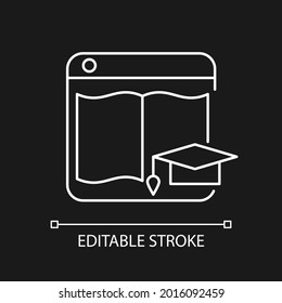 Learning platforms white linear icon for dark theme. Website for students, teachers. Online courses. Thin line customizable illustration. Isolated vector contour symbol for night mode. Editable stroke