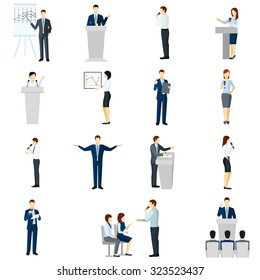 Learning And Practicing Public Speaking Skills With Workshop Coaches  Presentations Flat Icons Set Abstract Isolated Vector Illustration