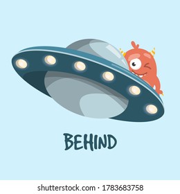 Learning preposition behind vector isolated. Chilidish drawing with alien and UFO spaceship. English words learning with cute character.