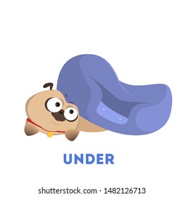 Learning preposition concept. Animal pug under the pillow. Isolated vector educational illustration in cartoon style