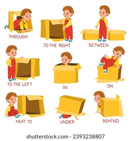 Learning prepositions with little boy. Visual educational guide. English language studying. Child with cardboard box. Grammar teaching. Kids positions demonstration