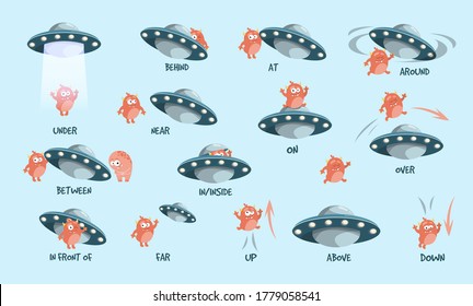 Learning prepositions vector isolated. Chilidish drawing with alien and UFO spaceship. English words learning with cute character. Under, behind, above and between.