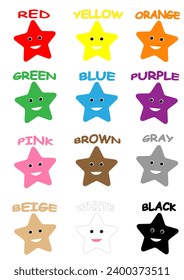 Learning primary colors for preschoolers. Card with red, green, orange, blue, yellow, black, white, brown, beige, pink flowers.