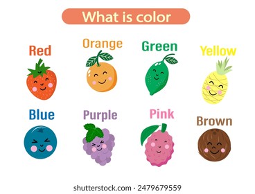 Learning primary colors for preschoolers. Set of fruits. Card with red, green, orange, blue, yellow colors.