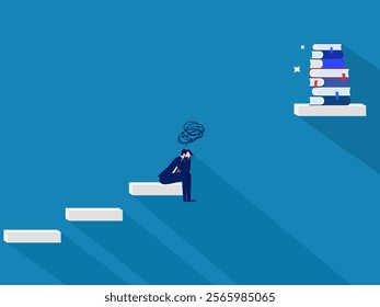Learning Problems .Businessman Sad About the Gap Between Stairs and Top of Books