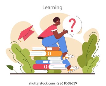 Learning process. Curiosity and openness to new ideas and concepts. Character sitting on stack of books ready to discover and study. Flat vector illustration
