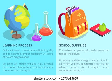 Learning process school supplies set of posters with text. School backpack full of books, chemical flasks, geographical globe, textbook apple vector