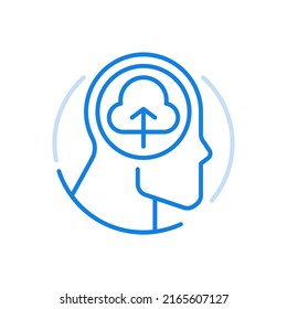 Learning process thinking vector line icon. Procedure for intelligence processing information received by person. Human head with cloud and upward arrow. Brainstorming and creative thinking.
