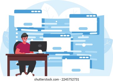 Learning programming. Programmer working at computer. Man in the workplace working at PC. Control panel screen with program code. Programming languages. Vector graphics