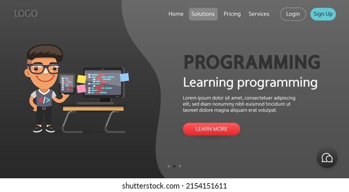 Learning Programming Website Template. Illustration Of A Cartoon Programmer With Tablet Is Working At The Desk. Composition With A Professional. Flat Male Character.