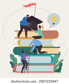 Learning progress and book reading as horizon expansion. Knowledge gain, academic studying, cognitive academic research. Smart people common support. Flat cartoon vector illustration