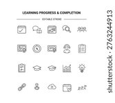 Learning progress and completion thin line icons: certificate, graduation cap, graph, calendar, people, link, lightbulb