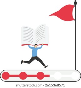 Learning progress and goals. businessman with books running on progress bar stock illustration

