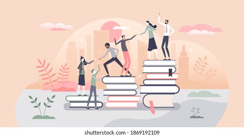 Learning progress as horizon expansion from book reading tiny person concept. Knowledge gain with academic studying and cognitive academic research vector illustration. Smart people common support.