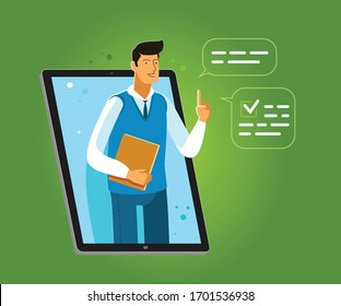 Learning provided through an application on laptop. Business, advisory service vector illustration