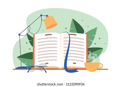 Learning And Reading Concept. Distance Education, Online Courses And Business, Education, Online Books And Study Guides, Exam Preparation, Home Teaching. Open Book On Table. Flat Vector Illustration.