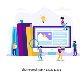 Learning and reading. Concept illustration for education, books, university, studying, research, courses. Vector illustration in flat style with small  people doing various tasks