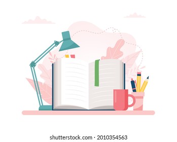 Learning and reading concept. Open book on table, lamp, pens and pencils. Cute vector illustration in flat cartoon style