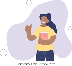 Learning and reading concept. Young positive woman standing holding a book.