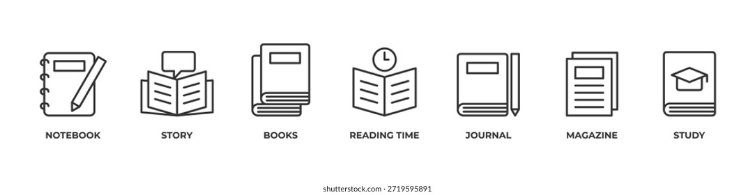 Los iconos del viaje de aprendizaje establecen el contorno de la Ilustración vectorial con el cuaderno, historia, libros, tiempo de lectura, revista, estudio