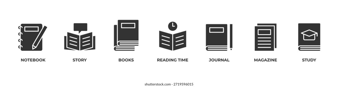 Conjunto de iconos de viaje de aprendizaje de lectura Ilustración vectorial con cuaderno, historia, libros, tiempo de lectura, revista, estudio
