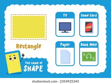 Learning rectangle shape sheet with object cards, illustration cartoon vector design on white background. kid and study game concept.