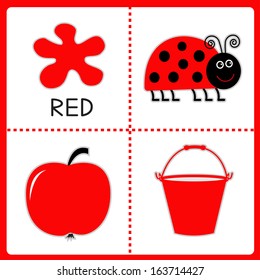 Learning red color. Ladybug, apple and bucket. Educational cards for kids. Vector illustration