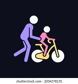 Learning To Ride Bike RGB Color Icon For Dark Theme. Building Kid Cycling Skills. Fun Family Togetherness. Isolated Vector Illustration On Night Mode Background. Simple Filled Line Drawing On Black