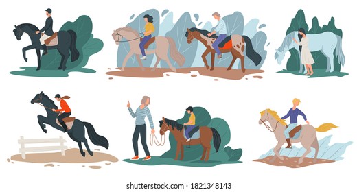 Learning to ride horse, professional jockey or amateurs. Ranch with animals and visitors. Mom and son sitting horseback. Summer activities and equestrian hobbies at countryside, vector in flat style