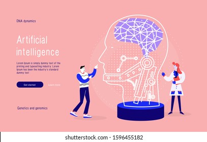 Learning robot
Science future. Development and analysis artificial intelligence with learning DNA structure in medical molecular space & technologies computers systems. Vector Illustration.
