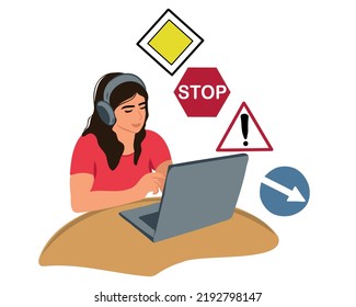 Learning The Rules Of The Road. A Woman Chooses An Answer To An Online Test Question. Driving School Education. Remote Driving Test. Stages Of Training In A Driving School. Flat Vector Illustration