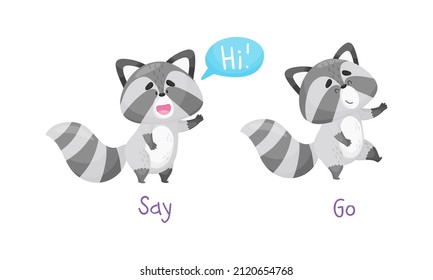 Learning say and go verbs of action set. Cute cat saying and walking. Educational visual material cartoon vector illustration