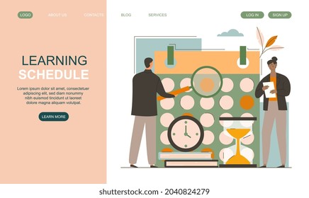 Learning schedule concept. Man with magnifying glass analyzes calendar, woman takes notes in notebook. Time running out, date check. Cartoon flat vector illustration isolated on white background