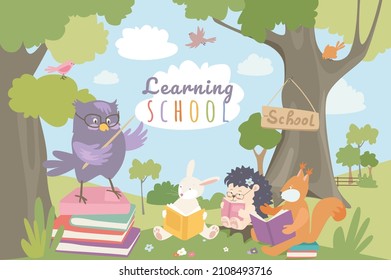 Learning school concept background. Cute animals studying in forest class. Owl teacher explains lesson to pupils. Rabbit, hedgehog and squirrel read books. Vector illustration in flat cartoon design