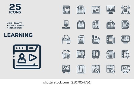 Learning set of 25 outline icons related to Fitness. Linear icon collection. Editable stroke. Vector illustration