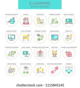 Learning. Set of flat, vector, linear icons. The set contains icons such as webinar, certificate and others.