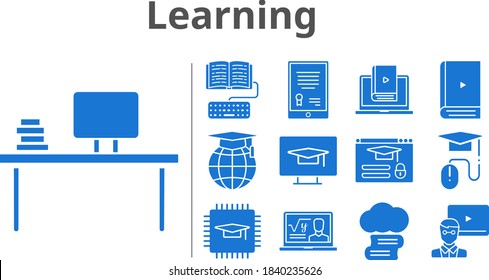 learning set. included chip, homework, learn, student-desktop, login, cloud library, tablet, professor, teacher, desktop, ebook, school, elearning icons. filled styles.