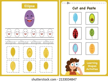 Learning shapes activity page - ellipse. Geometric shapes worksheets for kids. Cut and paste game for toddlers. Vector illustration