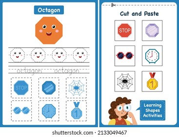 Learning shapes activity page - octagon. Geometric shapes worksheets for kids. Cut and paste game for toddlers. Vector illustration