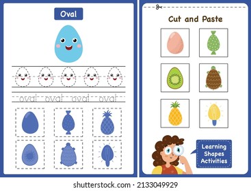 Learning shapes activity page - Oval. Geometric shapes worksheets for kids. Cut and paste game for toddlers. Vector illustration