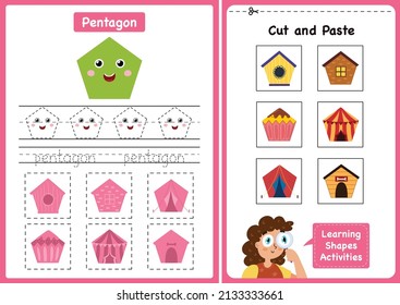 Learning shapes activity page - Pentagon. Geometric shapes worksheets for kids. Cut and paste game for toddlers. Vector illustration