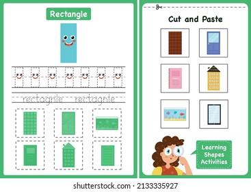 Learning shapes activity page - Rectangle. Geometric shapes worksheets for kids. Cut and paste game for toddlers. Vector illustration