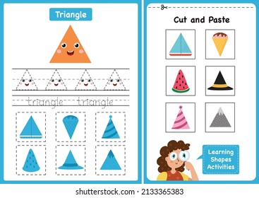 Learning shapes activity page - Triangle. Geometric shapes worksheets for kids. Cut and paste game for toddlers. Vector illustration